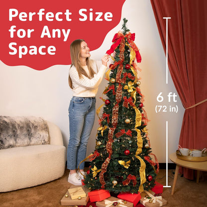 PREXTEX 6 ft Fully Decorated Christmas Tree, Gold and Red Collapsible Christmas Tree with 350 Warm Lights, Bows, Ornaments, Holly Leaves and More, Pop Up Xmas Trees with Lights