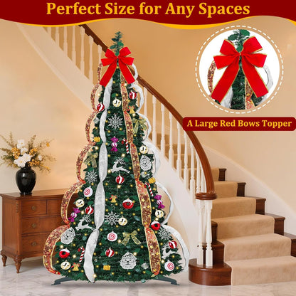 6 FT Prelit Pop Up Christmas Tree with 200 Warm White & Multicolor Lights 8 Modes & Timer Fully Decorated 103 Ornaments, Collapsible Pull Up Christmas Tree with Lights for Indoor Home Party Decor
