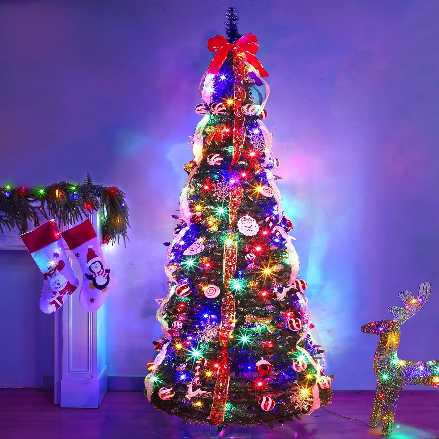 6 FT Prelit Pop Up Christmas Tree with 200 Warm White & Multicolor Lights 8 Modes & Timer Fully Decorated 103 Ornaments, Collapsible Pull Up Christmas Tree with Lights for Indoor Home Party Decor
