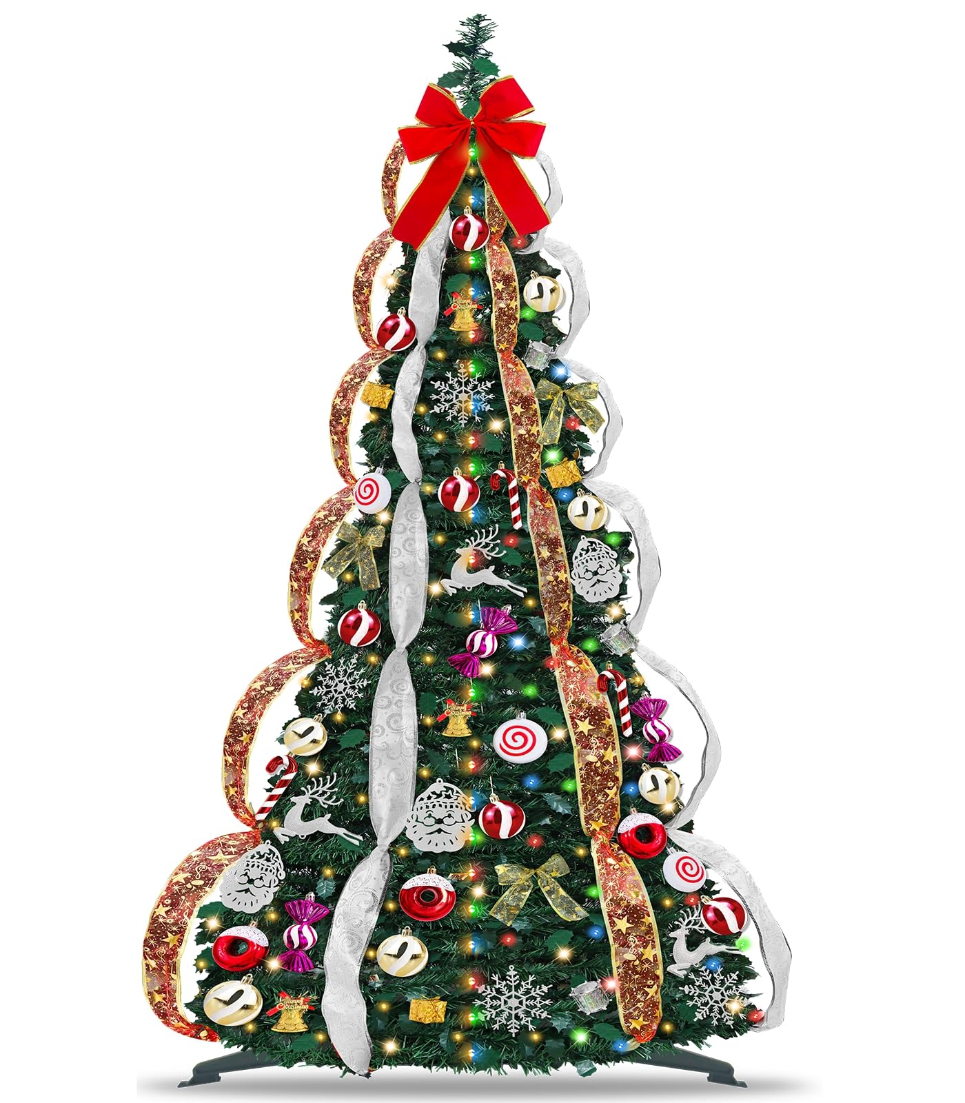 6 FT Prelit Pop Up Christmas Tree with 200 Warm White & Multicolor Lights 8 Modes & Timer Fully Decorated 103 Ornaments, Collapsible Pull Up Christmas Tree with Lights for Indoor Home Party Decor