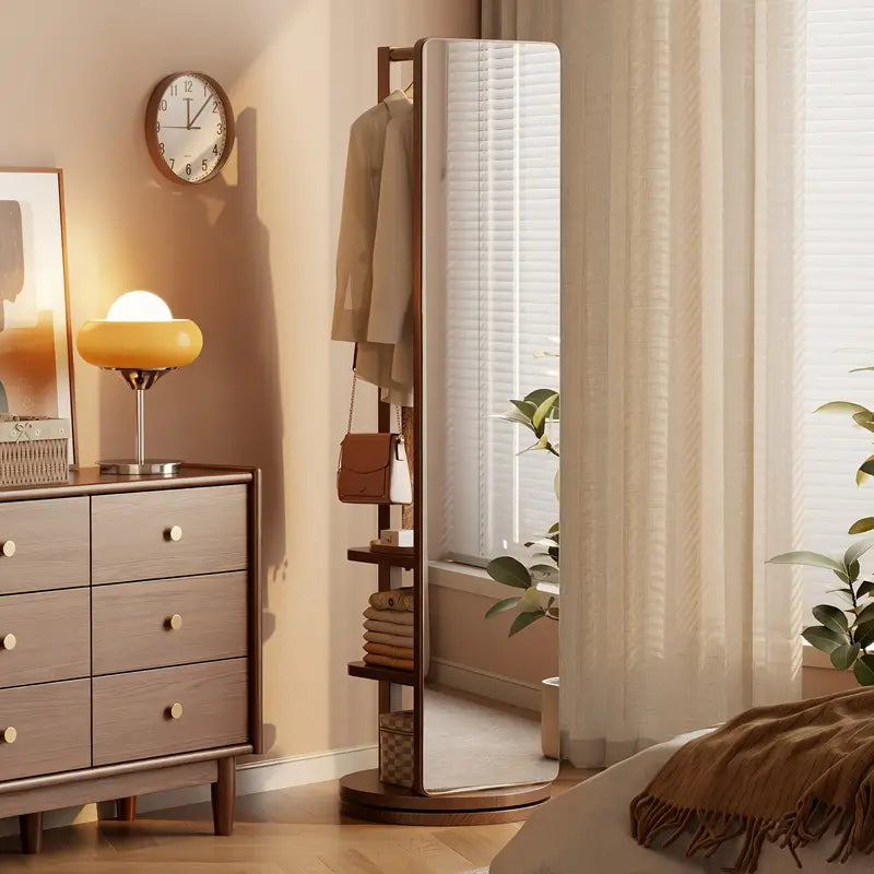 K✨ Specchio da Terra in Legno Massiccio – Girevole con Appendiabiti! 🪞