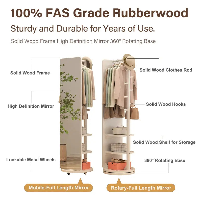K✨ Specchio da Terra in Legno Massiccio – Girevole con Appendiabiti! 🪞