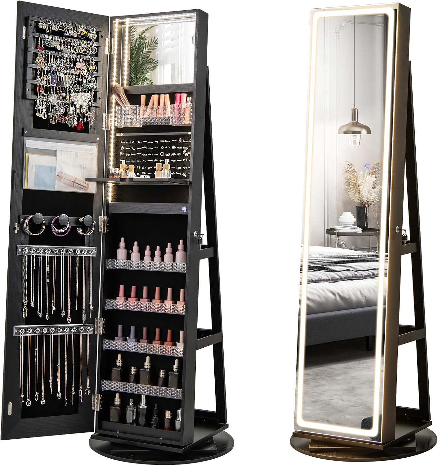 Armadio portagioie con specchio a figura intera e luci LED regolabili