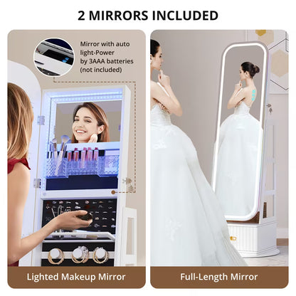 D Armadio Gioielli 360° Vintage con Specchio e Luci LED