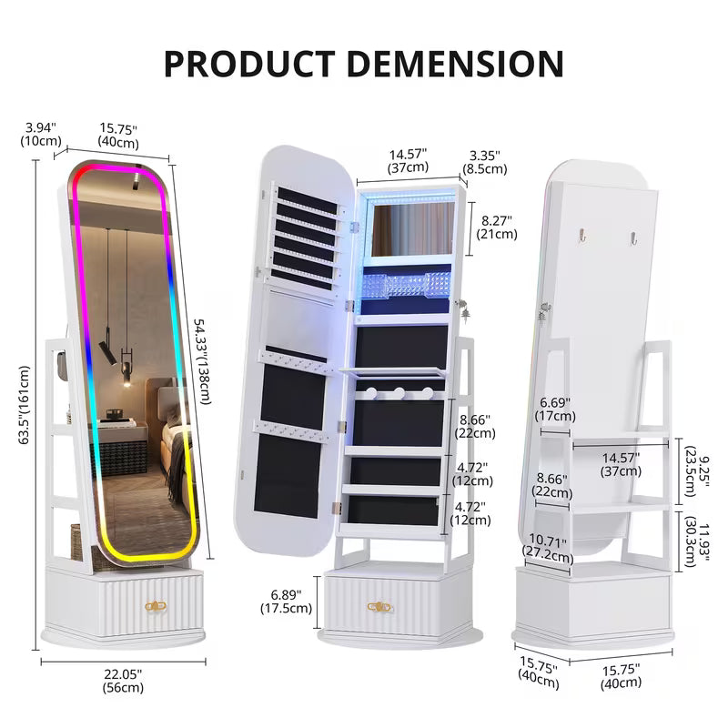 Armadio Gioielli 360° Vintage con Specchio e Luci LED