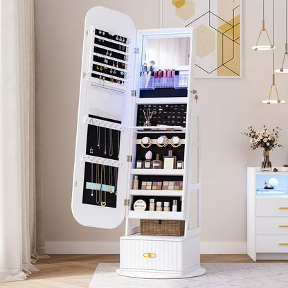 D Armadio Gioielli 360° Vintage con Specchio e Luci LED