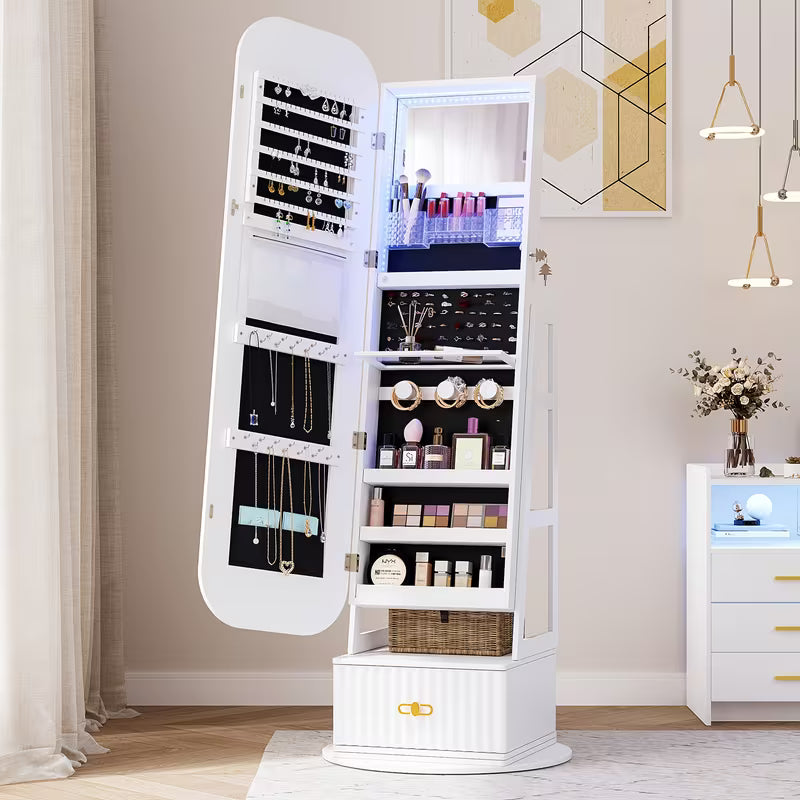 Armadio Gioielli 360° Vintage con Specchio e Luci LED