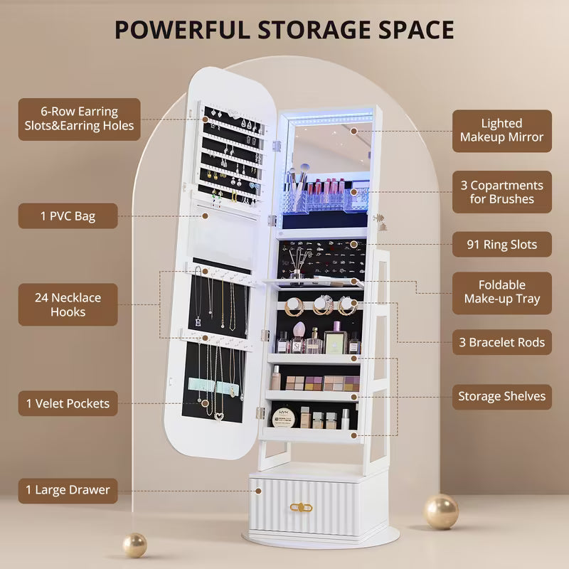 D Armadio Gioielli 360° Vintage con Specchio e Luci LED