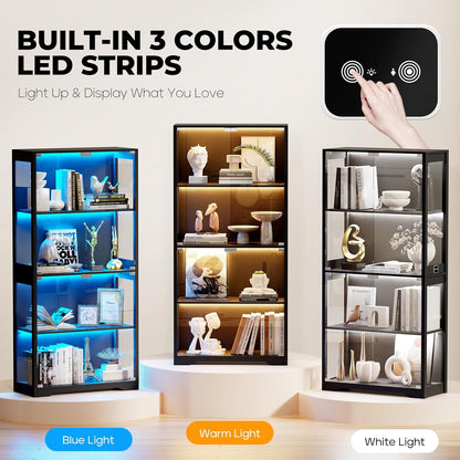Vetrina con Ante in Vetro – Credenza a 4 Ripiani con Luci LED a 3 Colori